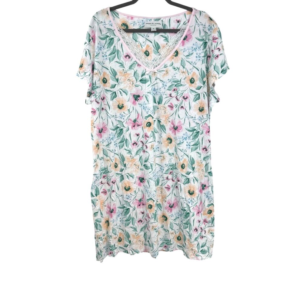Miss Elaine Floral Nightgown 3X 2X 100% Cotton Short Sleeve Lightweight Lace